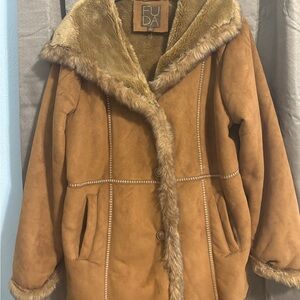FUDA Women's Brown Teddy Jacket with Faux Fur Trim